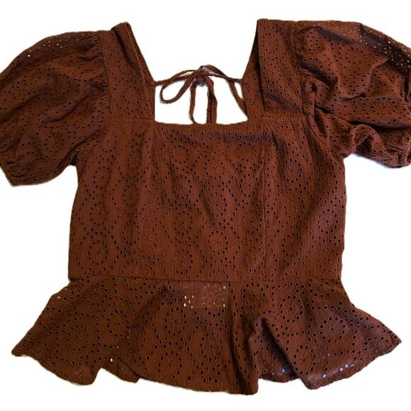 NWT Band of the Free Smocked Peplum Crop Cotton Eyelet Lace Top Size Small Brown - Picture 3 of 11